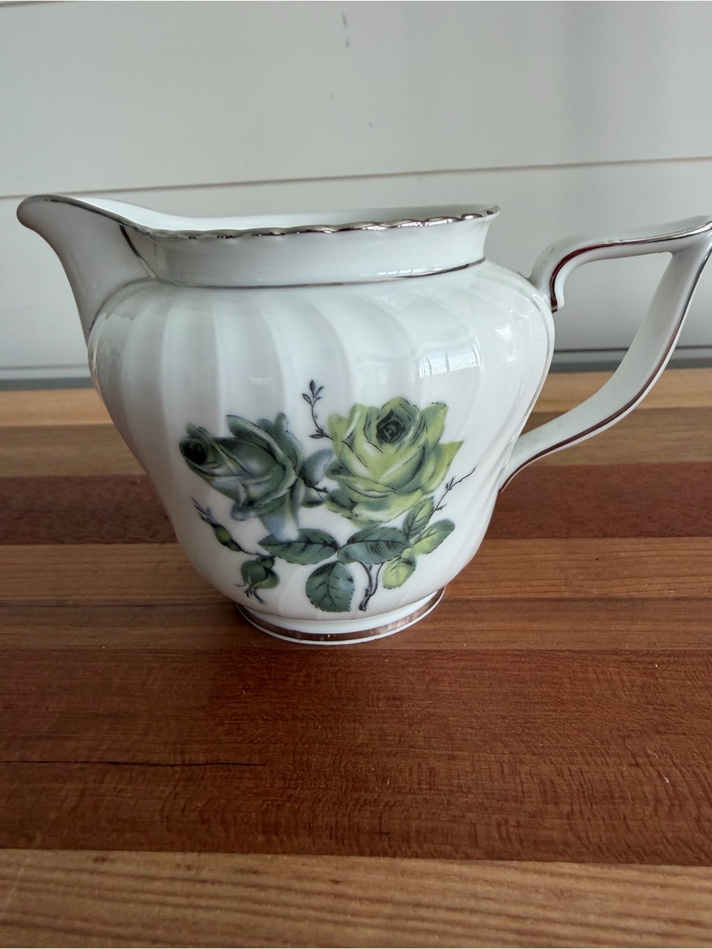 Bavaria Germany Swirl Creamer Celadon Roses Platinum Trim